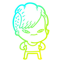 cold gradient line drawing cute cartoon girl with hipster haircut