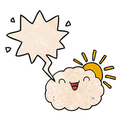 happy cartoon cloud and speech bubble in retro texture style