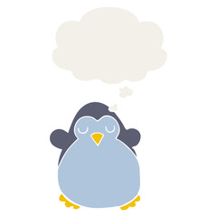 cartoon penguin and thought bubble in retro style
