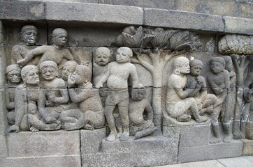 Sculptures in the Borobudur temple on the Java island in Indonesia