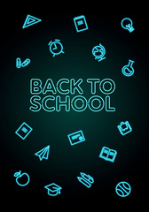 Vector verical neon light back to school retro banner. Shiny blue lamp education theme icons and text on dark gradient background. Design element for invitation, advertisment, poster, presentation