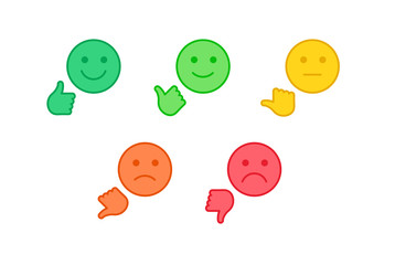 Vector feedback survey flat icon set. Five color smile with hand thumb symbol isolated on white background. Design element for marketing research, client testimonail, questionnaire response, web