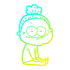 cold gradient line drawing cartoon happy old woman