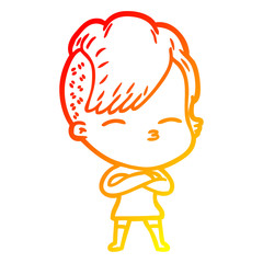 warm gradient line drawing cartoon squinting girl