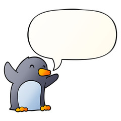 cartoon excited penguin and speech bubble in smooth gradient style