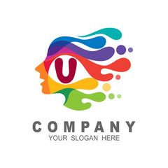 Face logo with letter U and people head logo, human face illustration,water drop. fast and speed