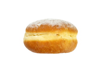 German doughnut berliner with icing sugar isolated on white. Donuts(Sufganiyah) isolated on white background one fresh baked with powered sugar. fresh dough-nut with jam. Serbian krofna