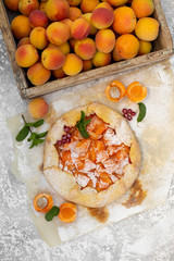 Homemade fruit pie (galette) made with fresh organic apricotes with powdered sugar, top view. Open pie, apricot tart. Fruit bakery. Summer pie on parchment paper. Empty space for text, copyspace.