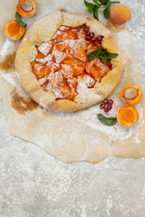 Homemade fruit pie (galette) made with fresh organic apricotes with powdered sugar, top view. Open pie, apricot tart. Fruit bakery. Summer pie on parchment paper. Empty space for text, copyspace.