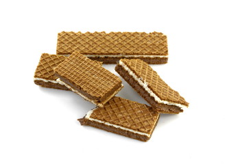 stacked chocolate wafers isolated on a white background