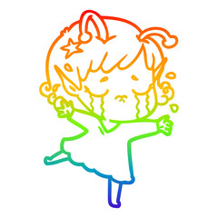 rainbow gradient line drawing cartoon crying alien girl