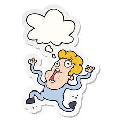 cartoon terrified man and thought bubble as a printed sticker