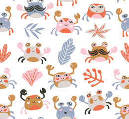 Bright baby fabric design with crabs and sea plants. Sea repeated print for kids design. Vector seamless pattern.