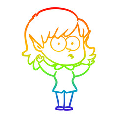 rainbow gradient line drawing cartoon elf girl staring