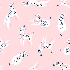 Cute funny white spotted dogs on the pink background. Dalmatian fabric design. Vector print with dogs.