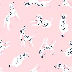 Vlies Fototapete Hunde Nette lustige weiße gefleckte Hunde auf dem rosa Hintergrund. Dalmatinisches Stoffdesign. Vektordruck mit Hunden.