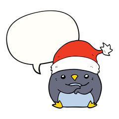 cute cartoon penguin wearing christmas hat and speech bubble
