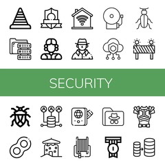 Set of security icons such as Cone, Server, Badge, Judge, Domotics, Detective, School bell, Safe, Beetle, Barrier, Bug, Floats, House, Passport, Fire hose, Hacker, Armor , security