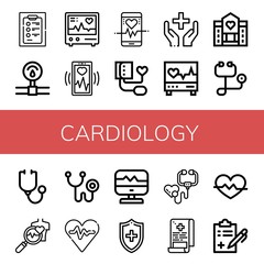 Fototapeta premium Set of cardiology icons such as Diagnosis, Pressure, Electrocardiogram, Heart monitoring, Heart rate, Blood pressure, Healthcare, Hospice, Stethoscope, Health check , cardiology