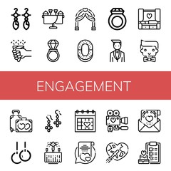 Set of engagement icons such as Earrings, Wedding, Wedding ring, Wedding arch, Ring, Groom, Honeymoon, Rings, day, Vows, invitation , engagement