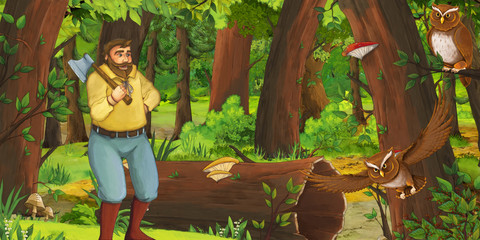 Obraz na płótnie Canvas cartoon scene with older man farmer or lumberjack in the forest encountering pair of owls flying - illustration for children