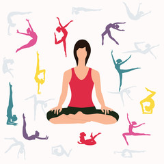 Yoga. A woman sits in an asana pose surrounded by silhouettes of girls doing yoga - isolated on white background - vector.Baner, brochure, poster design.