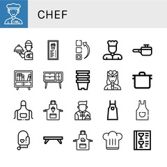 Set of chef icons such as Chef, Waiter, Menu, Cooking pot, Buffet, Pots, Hostess, Pot, Apron, Oven mitt, Breakfast tray, Chef hat ,