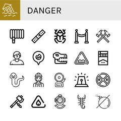 Set of danger icons such as Flood, Water hose, Belt, Beetle, Barrier, Axes, Suspect, Fire location, Skull, Uneven, Cigarette, Snake, Builder, Alarm, Railroad crossing , danger
