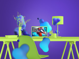 Creative color workspace desk with computer on colored background