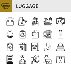 Set of luggage icons such as Belt pouch, Bag, Shopping bag, Tourist, Airport, Briefcase, Recycled bag, Plastic Hotel, Handbag, School Customs, Trunk , luggage
