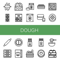 Set of dough icons such as Dough, Donut, Dumpling, Flour, Bread, Mixing table, Round bread, Rolling pin, Cheburek, Wafer , dough
