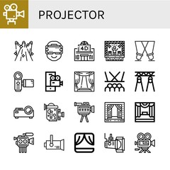 Fototapeta premium Set of projector icons such as Movie camera, Spotlights, Ar glasses, Movie theater, Stage, Spotlight, Camcorder, Video camera, Projector, Old video camera, Cinema , projector