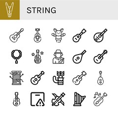 Set of string icons such as Clothespin, Guitar, Acoustic guitar, Hand puppet, Viola, Mandolin, Bead, Musician, Lute, Thread, Quiver, Important delivery, Violin, Harp , string