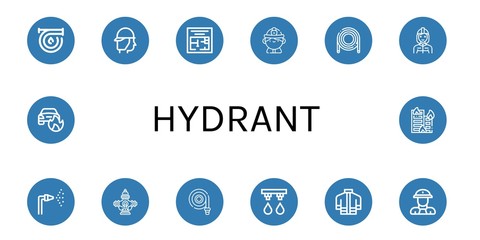 Set of hydrant icons such as Hose, Firefighter, Evacuation plan, Fire hose, Hydrant, Irrigation system, Firefighter uniform, Fireman, Car on fire, Building on fire , hydrant