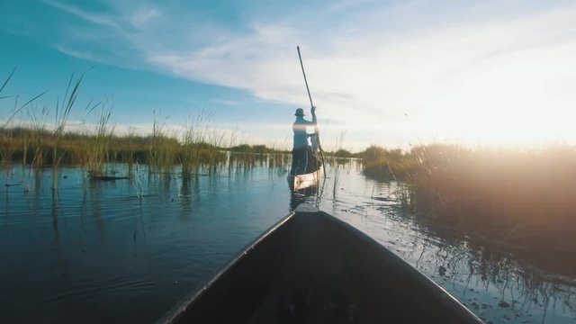 POV view on Paddle Mokoros travelling at sunset in the Okavango Delta