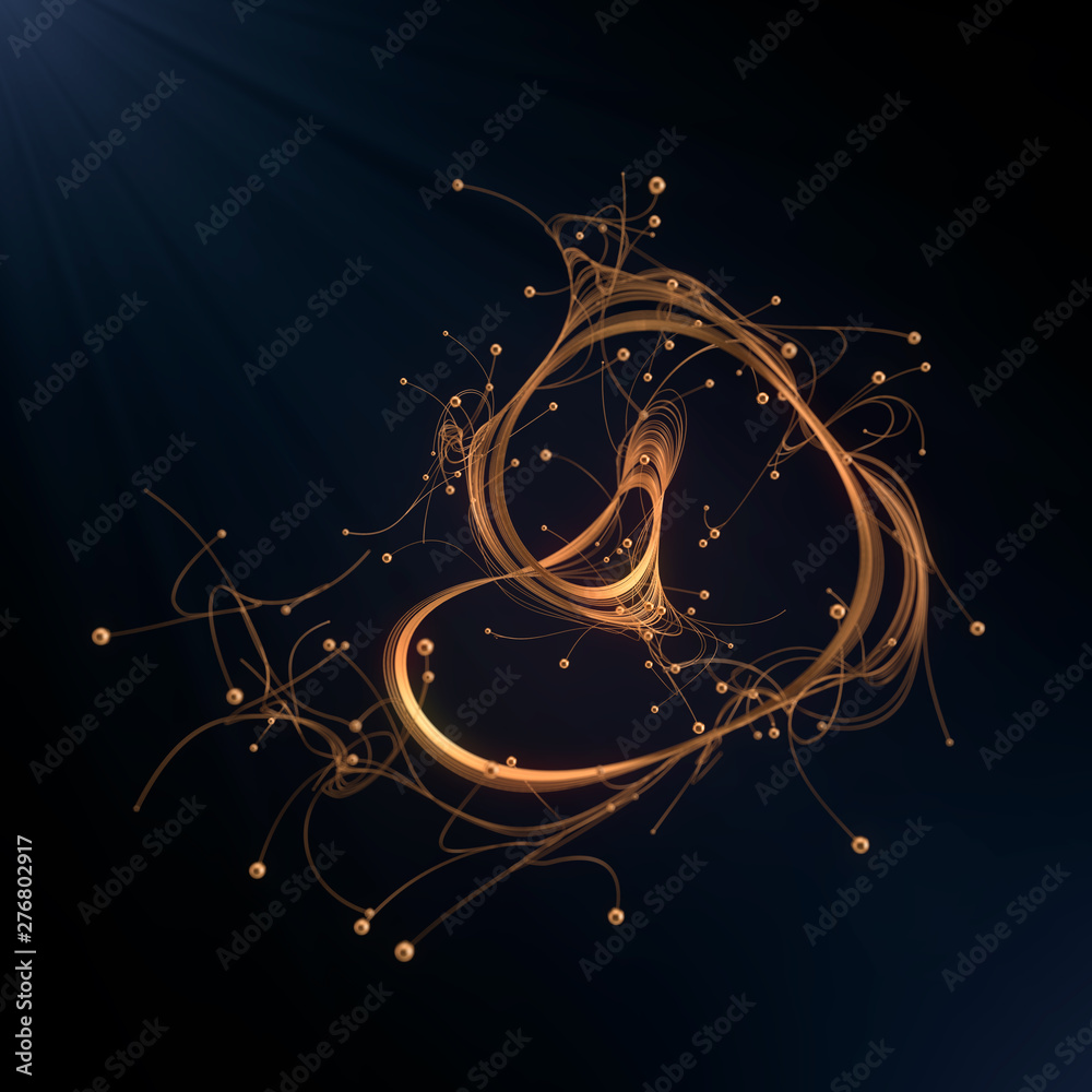 Poster abstract 3d rendering gold jewelry with shiny shapes beads on a dark background