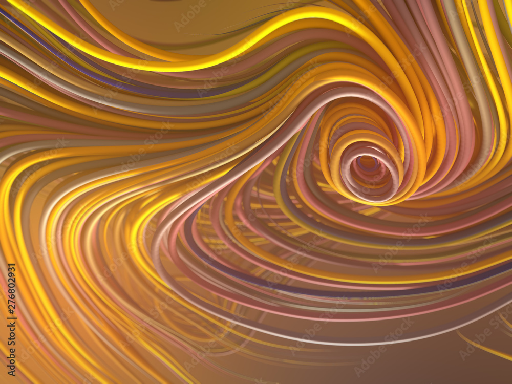 Poster Interlacing abstract yellow colored curves. Computer generated geometric pattern. 3D rendering