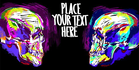 Stylish colorful background for text. Human skull, colorful drawing, sketch. Skull, death, magic.