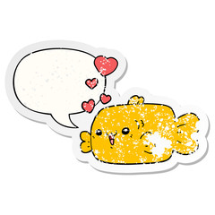 cute cartoon fish and love hearts and speech bubble distressed sticker