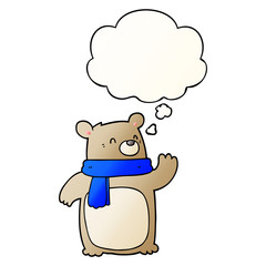 cartoon bear wearing scarf and thought bubble in smooth gradient style
