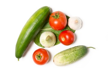 top view of vegetables. tomato, cucumber and onion isolated on white background. 
