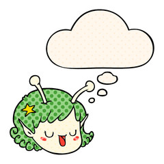 cartoon alien space girl face and thought bubble in comic book style