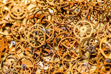 Mechanical watch repairing concept. closeup the parts of mechanical wristwatch.Detail of clock parts for restoration