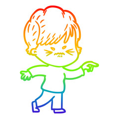 rainbow gradient line drawing cartoon frustrated woman