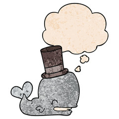 cartoon whale wearing top hat and thought bubble in grunge texture pattern style