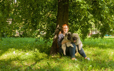 Naklejka na ściany i meble Young red-haired woman sits on the grass under a tree with two keeshond puppies on her lap. Early summer evening. Sun glare makes its way through the foliage.
