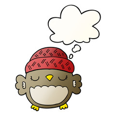 cute cartoon owl in hat and thought bubble in smooth gradient style