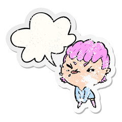 cute cartoon rude girl and speech bubble distressed sticker