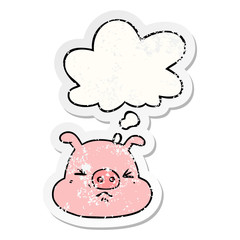 cartoon angry pig face and thought bubble as a distressed worn sticker