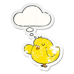 cartoon bird and thought bubble as a distressed worn sticker